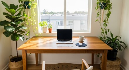 Calming biophilic desk setup with lush houseplants, abundant sunlight and clean tech devices in a home office workspace serene environment