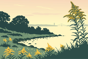 A Connecticut shoreline edged with blooming seaside goldenrod awakens under the soft pastel sky of dawn