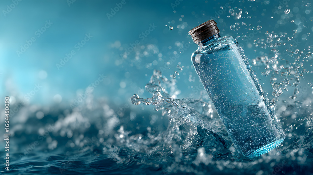 Poster a water bottle splashes against a soft blue background, creating a refreshing vibe of calmness and c