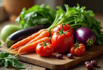 vibrant seasonal vegetables arrangement rustic wooden cutting board freshly harvested organic colors, pepper, tomato, carrot, broccoli, potato, beet
