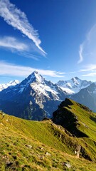 Majestic snow-capped mountain range under a vibrant blue sky