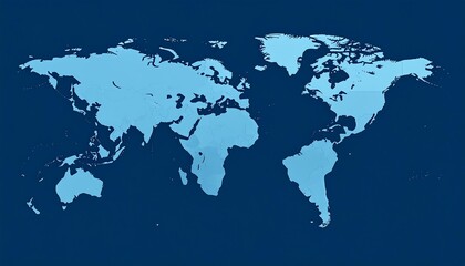 Naklejka premium A light blue world map displays the continents on a dark navy background, showcasing geographical detail and a minimalist design.
