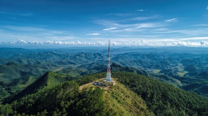 Communication Tower on Mountain Peak, a Panoramic View