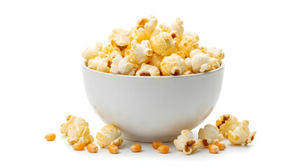 A bowl of popcorn on a white background.
