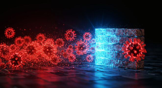 Blue Shield Protecting Against Red Coronavirus Cells Scientific Defense - Powered by Adobe