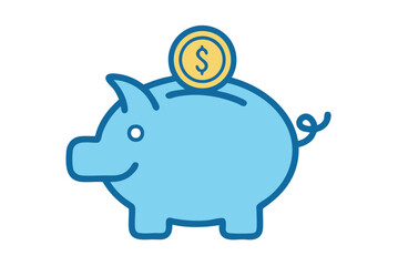 Simple blue line art illustration of a piggy bank with a coin being inserted for saving money