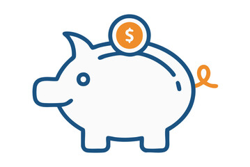 Simple line art icon of a piggy bank with a coin and dollar sign