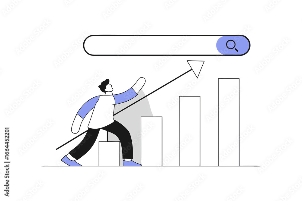 Poster professional figure pointing upward at arrow over white bar chart displaying upward trending busines