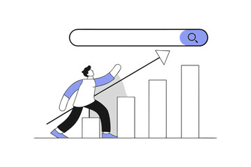 Professional figure pointing upward at arrow over white bar chart displaying upward trending business growth metrics, isolated on a transparent background