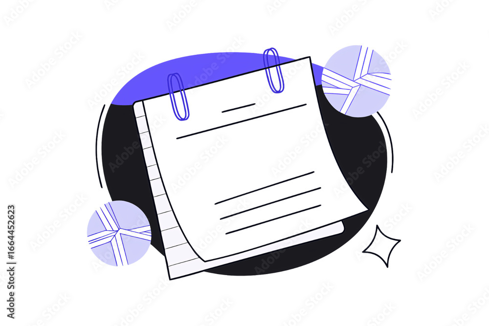 Poster spiral notebook with blank lined page, purple paper clips and decorative circular elements, isolated