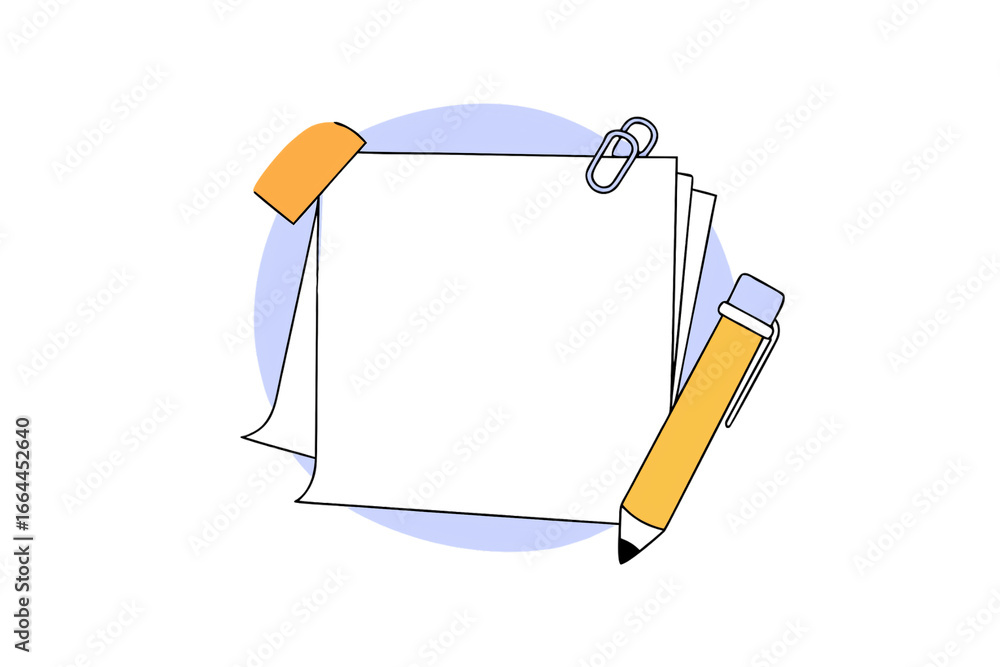 Poster stack of blank papers with orange pen and paper clip in circular frame, isolated on transparent back