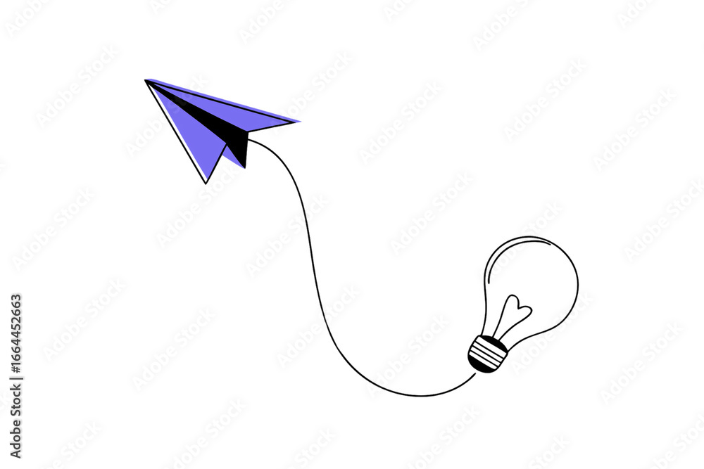Aufkleber purple paper airplane with trailing line connecting to outlined light bulb below, isolated on transp