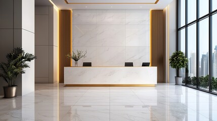 A modern reception area featuring sleek design, marble flooring, large windows, potted plants, and a minimalist reception desk.
