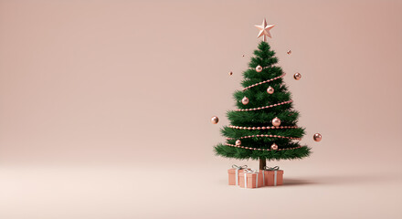 Chic Christmas tree adorned with rose gold ornaments and presents on a soft pink background with copy space.