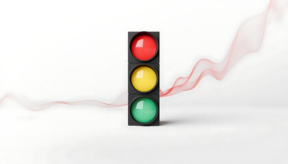 Traffic light with red, yellow, and green signals on white background  