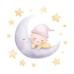 Cute Baby Sleeping on Moon Watercolor Illustration with Stars.