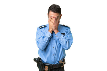 Young police caucasian man over isolated background with tired and sick expression