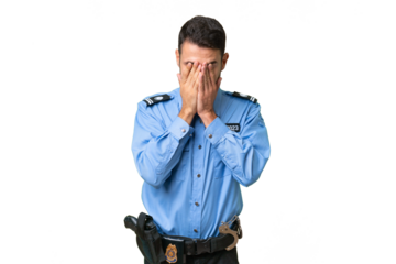 Young police caucasian man over isolated background with tired and sick expression