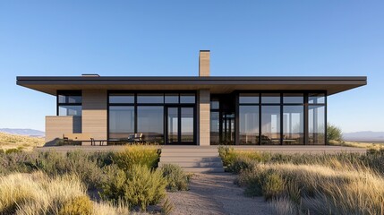 Fototapeta premium A modern house with large glass windows, surrounded by desert vegetation, showcasing sleek architecture and minimalistic design against a clear blue sky.