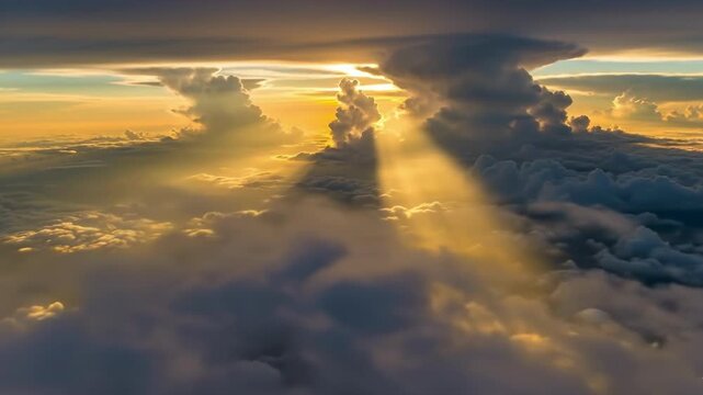 Sunlight breaking through dramatic clouds from above, seen from an airplane window during a flight