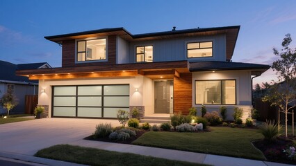 Fototapeta premium Modern Two-story House with Large Garage and Well-maintained Garden at Sunset