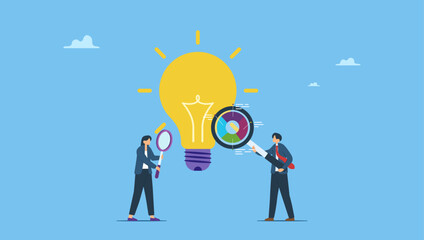 Business people with magnifier analyze lightbulb idea. Business viability checking, feasibility study by market research to see possibility to success, evaluate profitable of business idea.