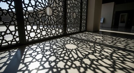 Ornate screen geometric patterns creating shadows on floor middle eastern architecture high quality professional