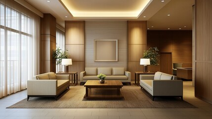A modern and stylish lobby with wooden accents, comfortable seating, and large windows allowing natural light to flood the space.