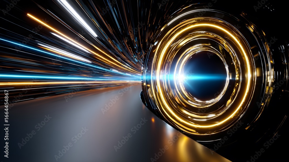 Poster futuristic tunnel with light streams and circular portal