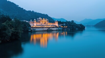 A serene view of a majestic palace by a calm lake, illuminated at dusk, surrounded by lush mountains under a tranquil blue sky.