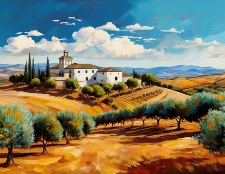 Golden Andalusian countryside with olive groves and a traditional cortijo on a hill. A timeless Mediterranean landscape celebrating rural heritage, serenity and the beauty of southern Spain.