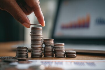 Hand placing coin on top of growing stacks of coins