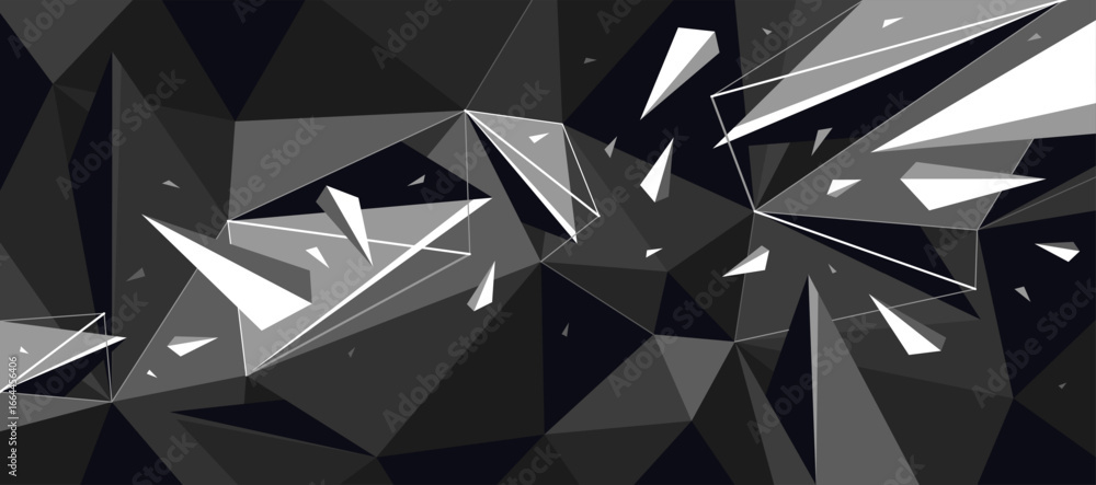 Poster dark low poly vector abstract background, black monochrome greyscale polygonal abstraction with deca
