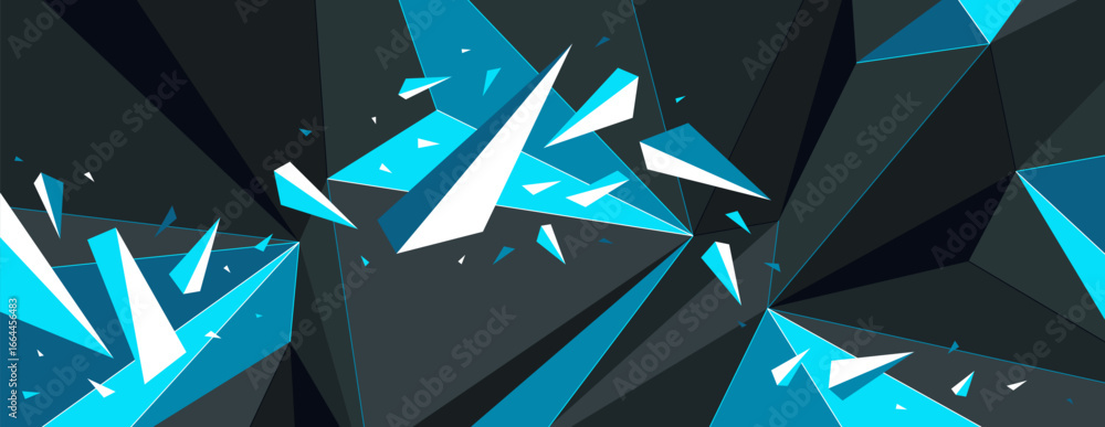 Poster low poly black and blue vector abstract background, 3d dimensional polygonal surface with broken deb