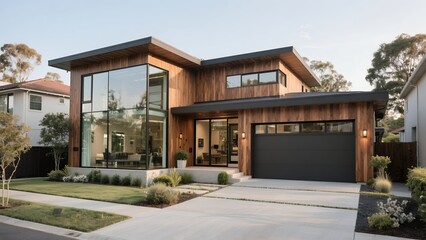Modern Two-story Wooden House with Large Glass Windows and Black Garage Door in Suburban Neighborhood
