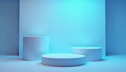 Minimalist podium scene featuring three white empty platforms or stages arranged in a row for product advertising or presentation