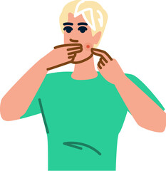 Young man touching pimple on face suffering from acne