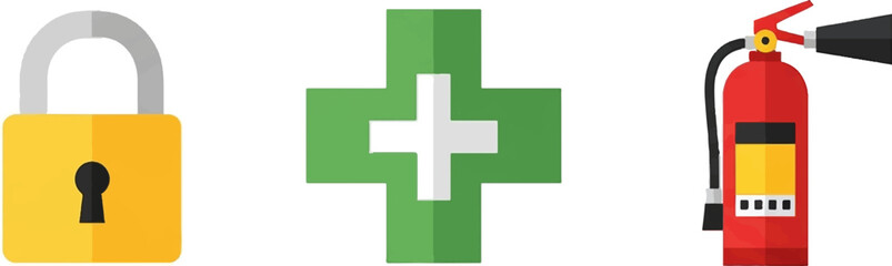 Obraz premium Secure your safety with a lock, first aid cross, and fire extinguisher icons representing protection and emergency preparedness