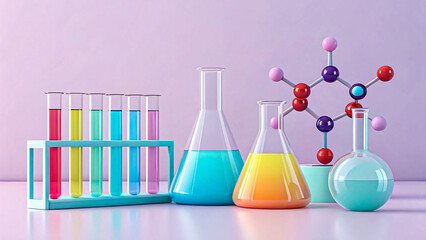 Vibrant laboratory equipment with colorful liquids and molecular structure for scientific research