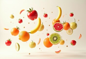 vibrant suspended fruits vegetables bright colors playful artistry, colorful, suspension, design, abstract, tropical, citrus, organic, healthy, food
