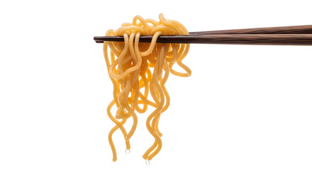 Cooked instant noodles held by a pair of wooden chopsticks, isolated on a clean white background.