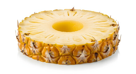 A close-up studio shot of a fresh, juicy pineapple slice, showcasing its vibrant yellow color and unique texture.