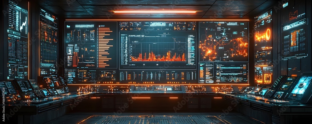 Poster a futuristic high tech control room with advanced digital interfaces and displays