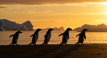 Silhouette of penguins walking along a beach at sunset, with icebergs in the background.