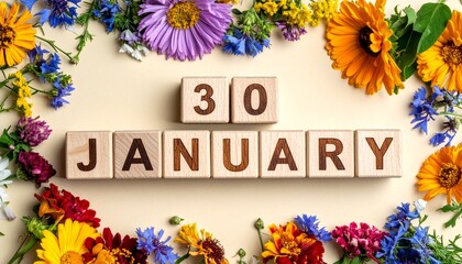 Wooden Blocks with Date 30 January. Floral Calendar – Vibrant Flowers on Solid Colored Background
