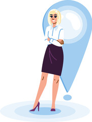 Confident businesswoman standing with crossed arms near location pin