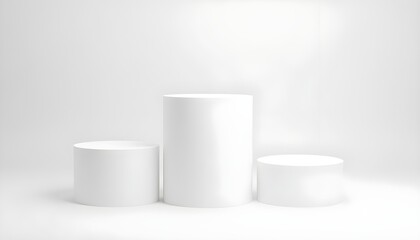 Minimalist podium scene featuring three white empty platforms or stages arranged in a row for product advertising or presentation