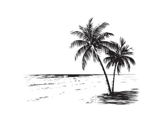 palm trees on the beach engraving outline vector art illustration design, palm tree silhouette, hand drawn beach drawing, line art palm tree, sea, beach, summer view, vintage palm tree on sea beach.