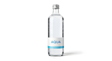 A transparent glass bottle of still mineral water with a simple 'AQUA' label on a white background.
