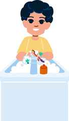 Cute little boy washing hands with soap in bathroom sink